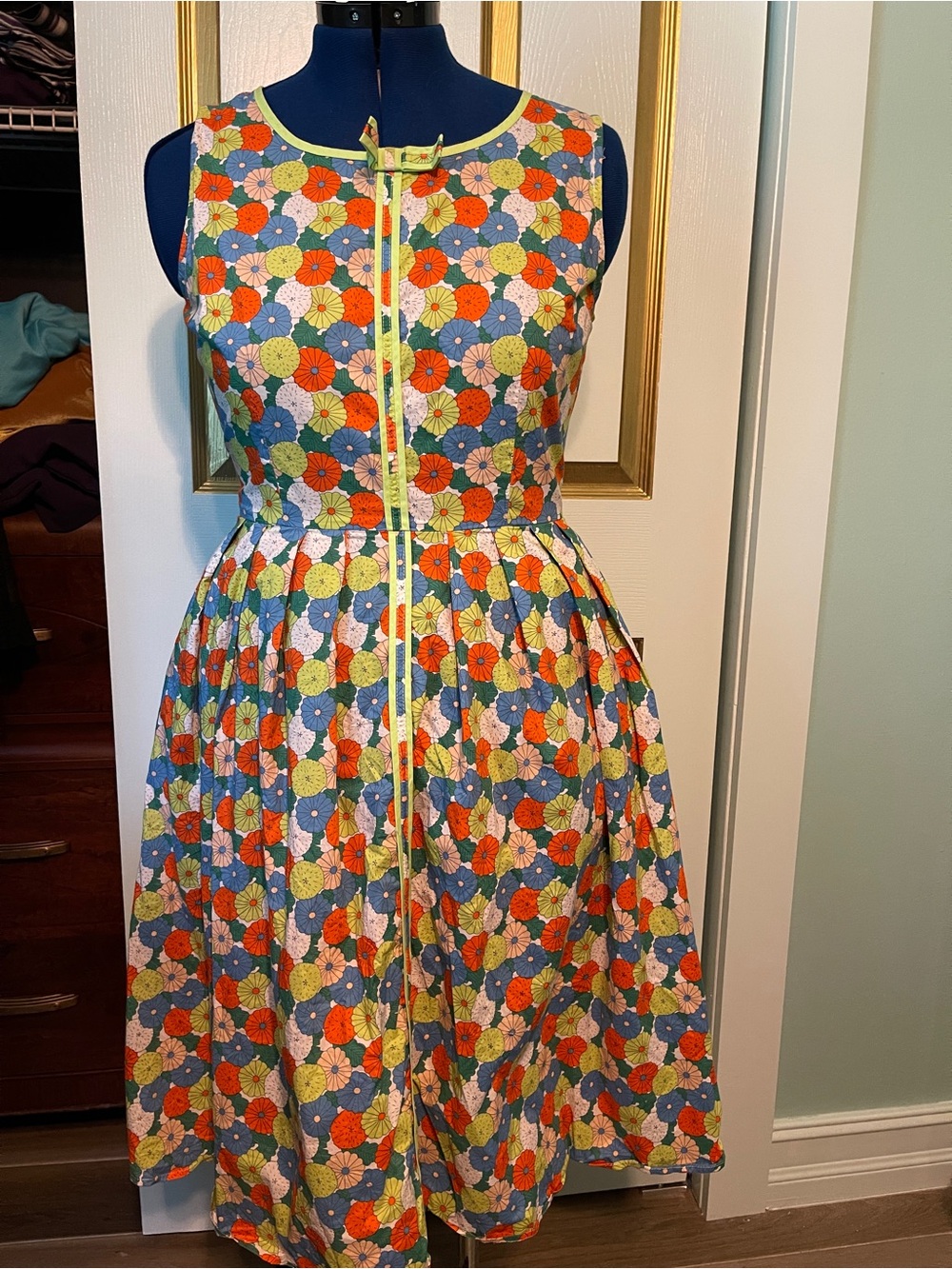 Sleeveless Midi Dress with Floral Print in Orange, Blue & Green